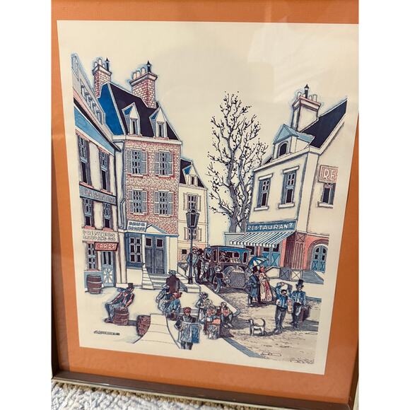 J. Dumas Framed Lithograph Print – Euro Str Scene – French Village Illustration - Picture 10 of 10